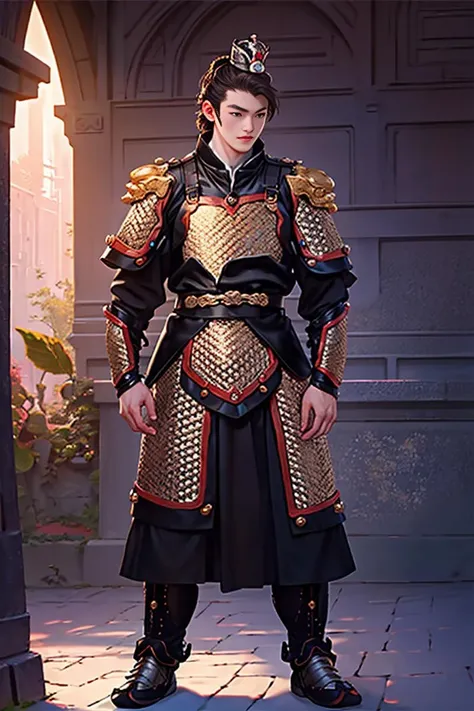 8k, RAW photo, best quality, (masterpiece:1.2), (realistic:1.3), (photorealistic:1.3), ultra-detailed, (high detailed skin:1.2), soft lighting, film grain, Fujifilm XT3, handsome,bun,fullbody,1boy,armor,(((symmetry
))),<lora:SWJ:0.75>,single hair bun,,Hair crown