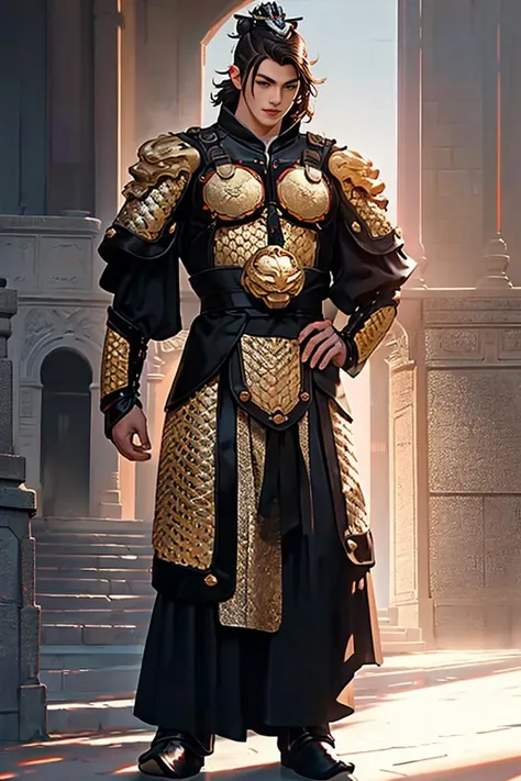 8k, RAW photo, best quality, (masterpiece:1.2), (realistic:1.3), (photorealistic:1.3), ultra-detailed, (high detailed skin:1.2), soft lighting, film grain, Fujifilm XT3, handsome,mscle,fullbody,1boy,armor,(((symmetry
))),<lora:SWJ:0.75>,single hair bun,,Hair crown