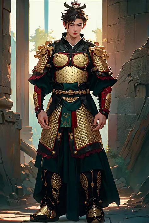 8k, RAW photo, best quality, (masterpiece:1.2), (realistic:1.3), (photorealistic:1.3), ultra-detailed, (high detailed skin:1.2),  soft lighting, film grain, Fujifilm XT3,  handsome,mscle,fullbody,1boy,armor,(((symmetry
))),<lora:SWJ:0.75>,single hair bun,,Hair crown