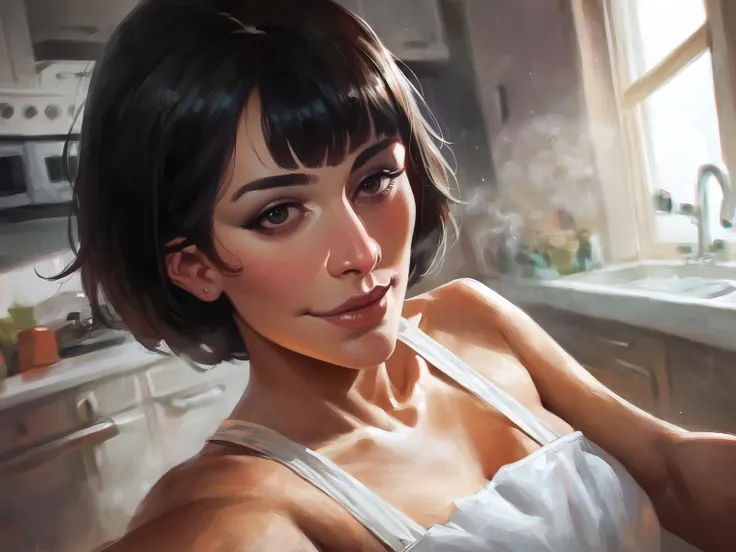 score_8_up, score_7_up, pov selfie, portrait of beautiful woman in white apron, seductive smile, bare shoulders, short black bob hair, kitchen, window, steam, <lora:sxz-rutkowski-smol-pdxl:1> rutkowski style, realistic