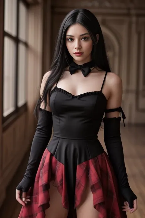 1woman, black hair, center parted long hair, realistic, masterpiece, high detailed skin, wearing random dress, looking at viewer, indoor view, solo
<lora:2023_Long_Dress_By_Stable_Yogi:1> ruby halterneck long dress, straps, elbow gloves, neck bow tie, plaid long skirt