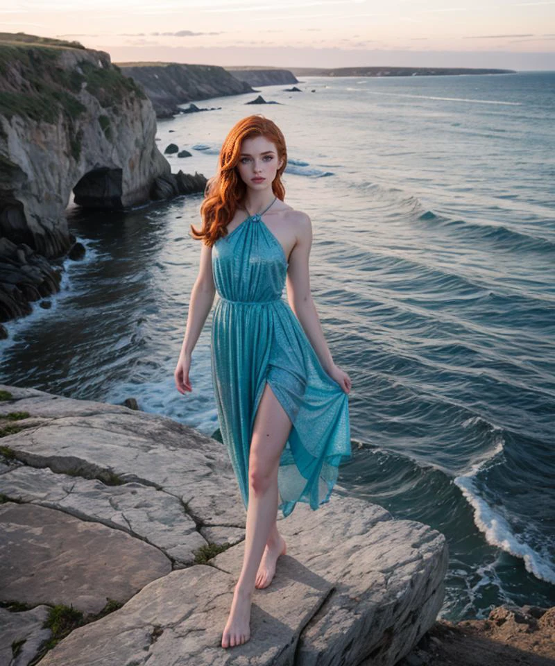 RAW, Nikon D6, 55mm f/1.4, full body glamour photograph of a fit 25 year old woman, jp-Gingerv1-275, standing on cliff looking at ocean, sunset, bright glossy eyes, wearing <lora:DETAIL_SLIDER_BY_STABLE_YOGI:0.5> <lora:Long Dress 2 By Stable Yogi:0.4>blue long dress