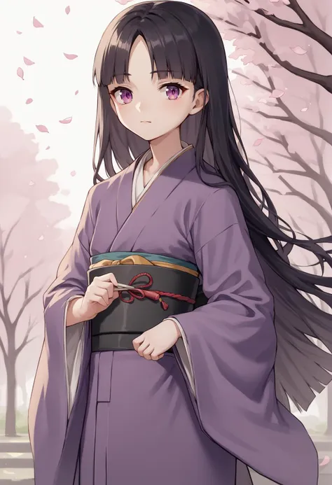 1girl, solo, black hair, hime cut, parted bangs, sidelocks, sleeves past fingers, wide sleeves, purple eyes, long hair, kimono, japanese clothes, purple kimono, female child <lora:Nursery_Rhyme:1>, score_9, score_8_up, score_7_up, score_6_up, score_5_up, score_4_up, BREAK source_anime, masterpiece