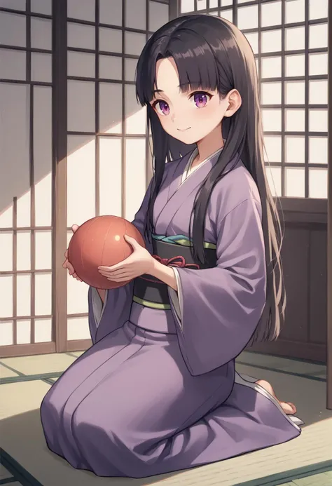 1girl, solo, black hair, hime cut, parted bangs, sidelocks, sleeves past fingers, wide sleeves, purple eyes, long hair, kimono, japanese clothes, purple kimono, female child, smile, indoors, holding ball, kneeling <lora:Nursery_Rhyme:1>, score_9, score_8_up, score_7_up, score_6_up, score_5_up, score_4_up, BREAK source_anime, masterpiece