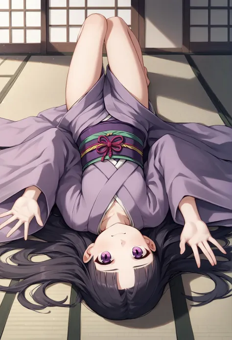 1girl, solo, black hair, hime cut, parted bangs, sidelocks, sleeves past fingers, wide sleeves, purple eyes, long hair, kimono, japanese clothes, purple kimono, female , smile, indoors, laying, on back, floor, japanese house, garden, upside down, reaching towards viewer, <lora:Nursery_Rhyme:1>, score_9, score_8_up, score_7_up, score_6_up, score_5_up, score_4_up, BREAK source_anime, masterpiece