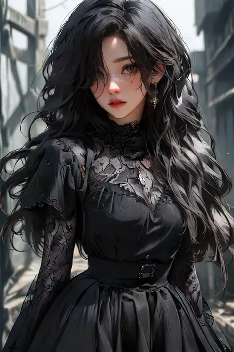 (masterpiece, best quality), (intricate details), (ultra-detailed, 8k, high resolution), (cartoon:1.1),
1girl, black hair, (messy:1.3) long hair,
hair over eyes, teen face, narrow eyes,
slender, standing pose,
gothic, cape, (lace dress:1.2), skirt,
abandoned factory, dark theme, darkness, under light,
<lora:20231230-1703916031755-0017_1:0.8> gothic