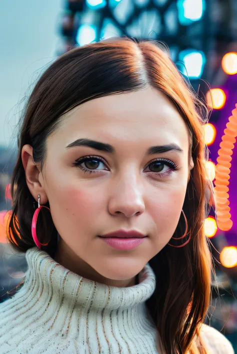 ((Selfie:1.1)), best quality (raw:1.1) photo of (Lis4H4nn1g4n02:0.99), ((club makeup:1.2)), a woman as a model, modelshoot style, (extremely detailed 8k wallpaper), photo of the most beautiful photograph in the world, Intricate, High Detail, Sharp focus, dramatic, (at night:1.2), (dimly lit), (neon lights:1.2), (carnival:1.1), (makeup:1.1), ((ferris wheel in background)), ((turtle neck dress:1.2)), (looking at viewer:1.3), (detailed pupils:1.3), (modern outfit:1.2), (closeup), (earrings), <lora:LowRa_2:0.4>, RAW candid cinema, 16mm, color graded portra 400 film, remarkable color, ultra realistic, textured skin, remarkable detailed pupils, realistic dull skin noise, visible skin detail, skin fuzz, dry skin, shot with cinematic camera