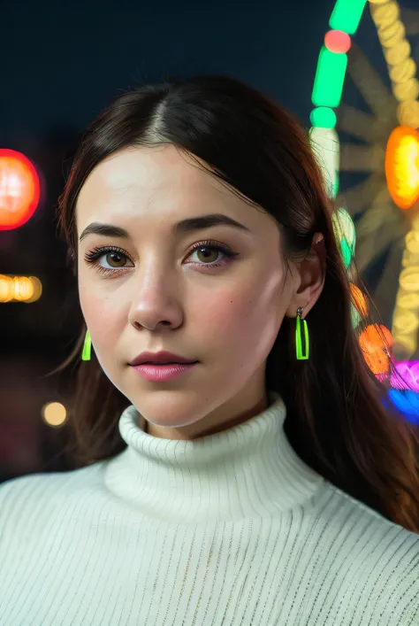 ((Selfie:1.1)), best quality (raw:1.1) photo of (Lis4H4nn1g4n02:0.99), ((club makeup:1.2)), a woman as a model, modelshoot style, (extremely detailed 8k wallpaper), photo of the most beautiful photograph in the world, Intricate, High Detail, Sharp focus, dramatic, (at night:1.2), (dimly lit), (neon lights:1.2), (carnival:1.1), (makeup:1.1), ((ferris wheel in background)), ((turtle neck dress:1.2)), (looking at viewer:1.3), (detailed pupils:1.3), (modern outfit:1.2), (closeup), (earrings), <lora:LowRa_2:0.4>, RAW candid cinema, 16mm, color graded portra 400 film, remarkable color, ultra realistic, textured skin, remarkable detailed pupils, realistic dull skin noise, visible skin detail, skin fuzz, dry skin, shot with cinematic camera