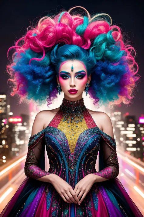 RAW photo of A vibrant fashion portrait showcasing a stunning model with wild, colorful hair, adorned in avant-garde makeup and a couture gown. The background is a glitched, futuristic cityscape, creating a surreal and electrifying atmosphere, (high detailed skin:1.2), 8k uhd, dslr, soft lighting, high quality, film grain, Fujifilm XT3