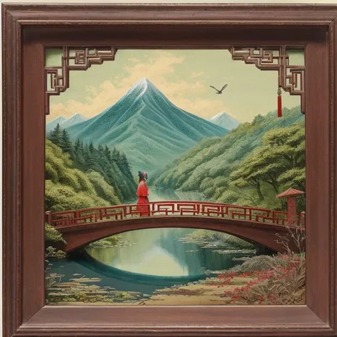 diorama, abstraction vintage chinese folk art, solo, a cute little girl, kimono, green hair, elf ears, old tree, river, wooden bridge, mountain, meditation, birds, 2d, muted colors, thick hatching, paper texture