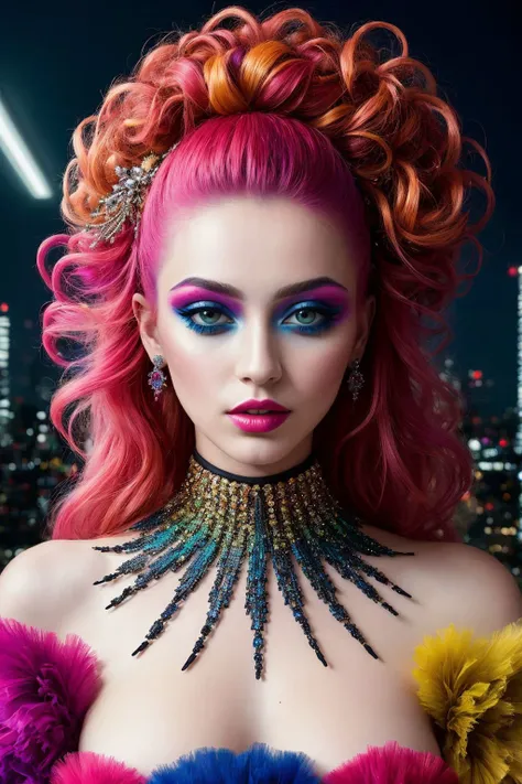 (masterpiece, best quality:1.4), RAW photo of A vibrant fashion portrait showcasing a stunning model with wild, colorful hair, adorned in avant-garde makeup and a couture gown. The background is a glitched, futuristic cityscape, creating a surreal and electrifying atmosphere, (high detailed skin:1.2), 8k uhd, dslr, soft lighting, high quality, film grain, Fujifilm XT3