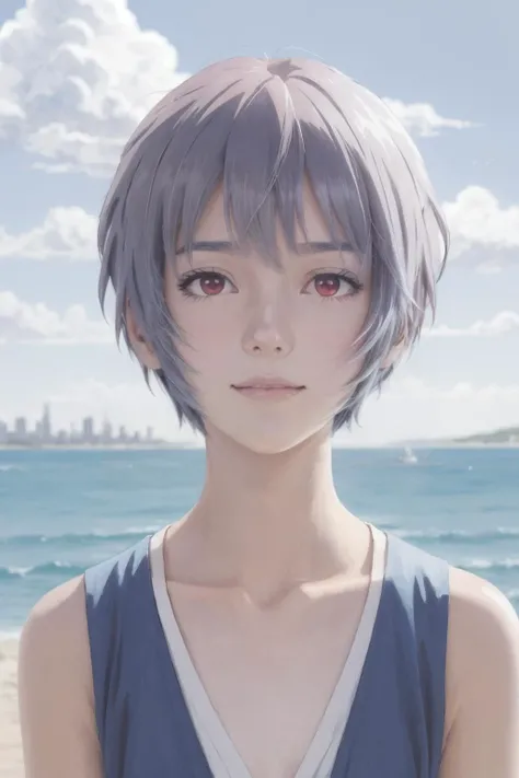 (masterpiece anime, oil painting:1.15), solo, upper body, portrait of a cute girl, ayanami rei, japanese, reigal blue short hair, bangs between eyes, (red eyes:1.1), white summerdress, emotionless, (sad smile:0.9), tiny, skinny, pale skin, summer, ruins of city, sea, best quality, photorealistic, sexy, stylish, blush, in love <lora:ayanami_rei:0.6>