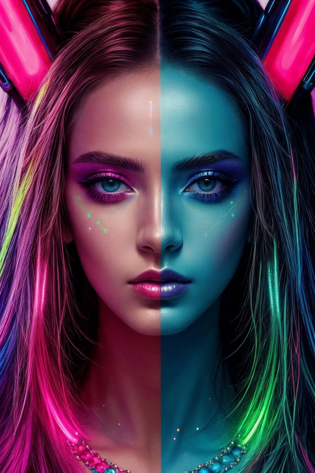 (masterpiece, best quality:1.4), A mesmerizing portrait of a futuristic fashion icon, adorned with metallic accessories and glowing neon makeup, their gaze piercing through the lens with an enigmatic intensity, <lora:more_details:0.6>
