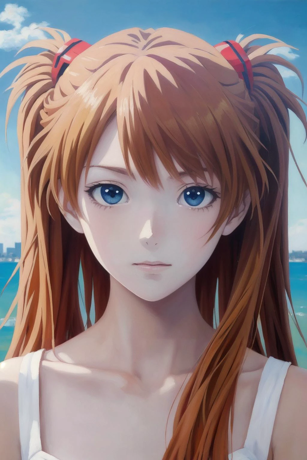 (masterpiece anime, oil painting:1.15), solo, upper body, portrait of a cute girl, (asuka:1,1), american, (orange long hair:1.1), twintails, (blue eyes:1.1), yellow dress, serious, tiny, skinny, pale skin, summer, ruins of city, sea, best quality, photorealistic, sexy, stylish, blush, in love, muted colors <lora:ayanami_rei:0.1> <lora:Asuka:0.6>
