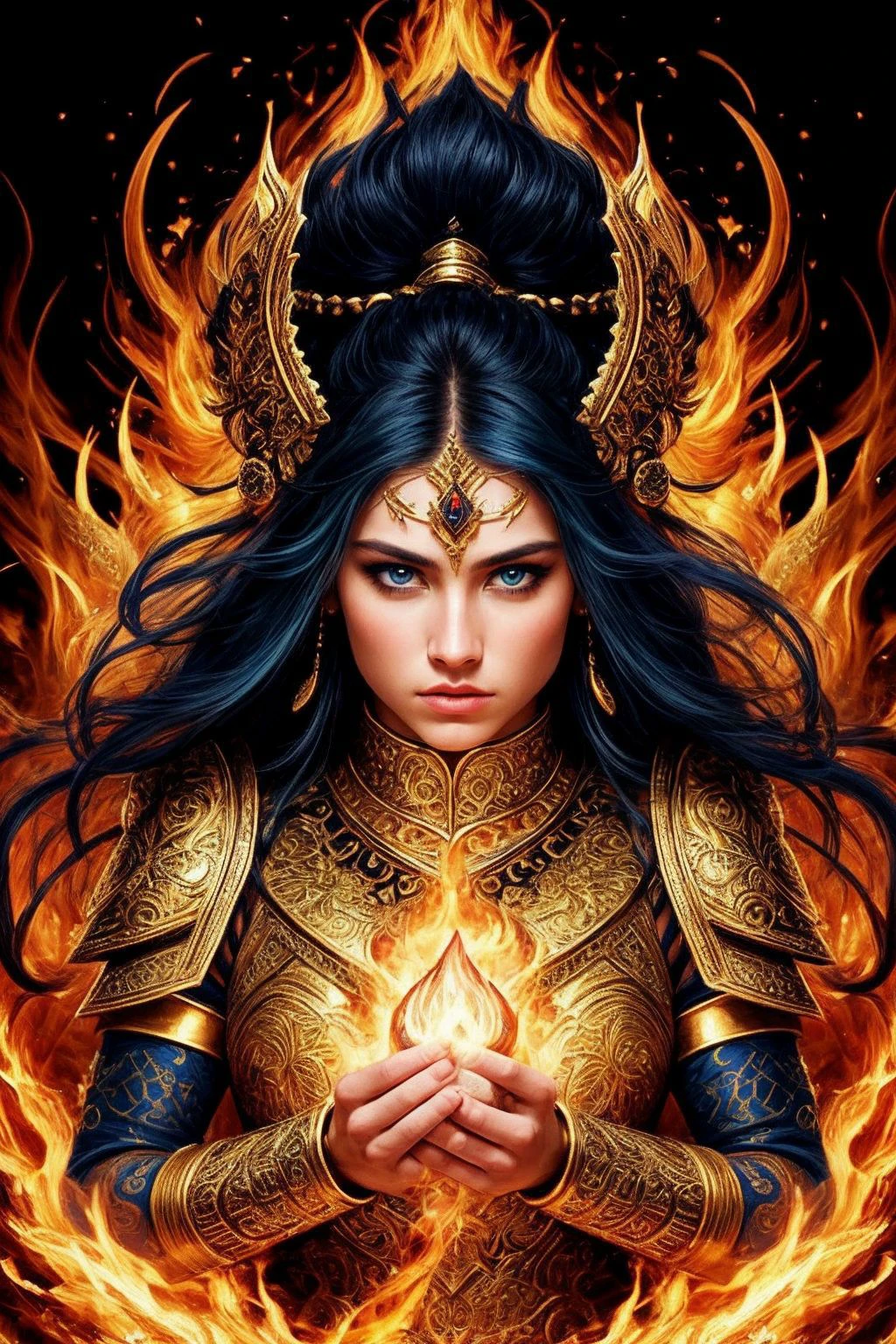 A mesmerizing portrait of a fierce warrior, adorned with intricate golden armor, piercing blue eyes glistening with determination, surrounded by swirling flames and billowing smoke, a symbol of strength and resilience, <lora:more_details:0.6>