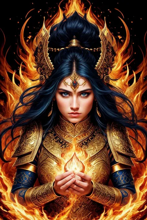 A mesmerizing portrait of a fierce warrior, adorned with intricate golden armor, piercing blue eyes glistening with determination, surrounded by swirling flames and billowing smoke, a symbol of strength and resilience, <lora:more_details:0.6>