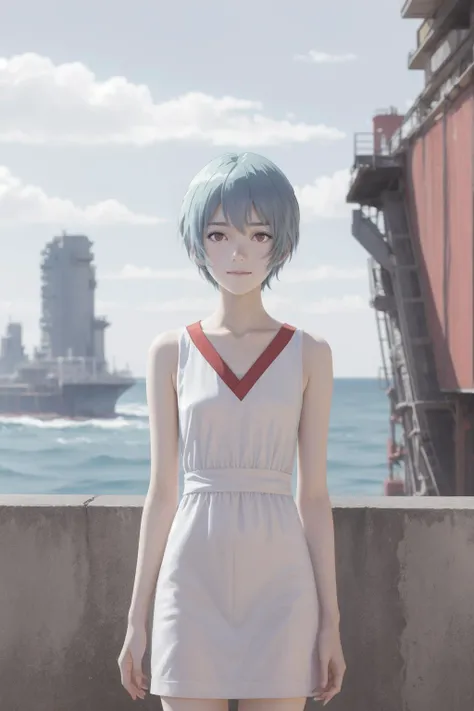 (masterpiece anime, oil painting:1.15), solo, upper body, portrait of a cute girl, ayanami rei, japanese, reigal blue short hair, bangs between eyes, (red eyes:1.1), white summerdress, emotionless, (sad smile:0.9), tiny, skinny, pale skin, summer, ruins of city, sea, best quality, photorealistic, sexy, stylish, blush, in love <lora:ayanami_rei:0.6>