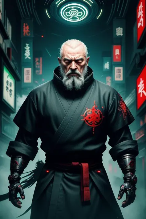 best quality,masterpiece,(1man, old russian male:1.2), frail, red eyes, medium blonde hair, thick beard, solo, from front, front view, (full body:0.6), (closed eyes:1.1), detailed background, detailed face, (<lora:ShinobiTech:0.6>, cyberpunk, neon lights, shinobi, shinobitech theme:1.1) arcane third eye symbol on forehead, mesmerist, psychic powers, dynamic pose, hypnosis, mesmerizing, aura, mind powers, concentric white psychic energy emanating, mysterious lighting, ethereal atmosphere,,
