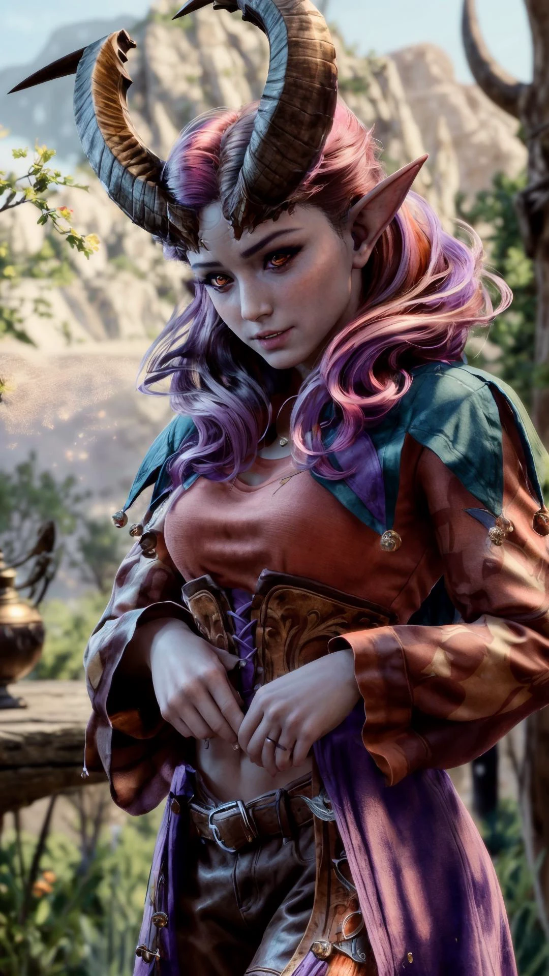 a profesional picture of 1 girl, young girl,small breasts,astetic beauty, <lora:AlfiraBG:0.69> AlfiraBG, horns, alfirabg, colored skin, 1girl, realistic, purple hair, orange eyes, fangs, pink hair, pointy ears on sunset , seductive , sad realistic ,perfect quality,best quality,ultrasharp,ultradetailed,perfect quality,masterpiece,intricated details, cowboy shot <lora:add_detail:0.4> hotify, <hypernet:sxzBloom_sxzBloom:0.4> ,