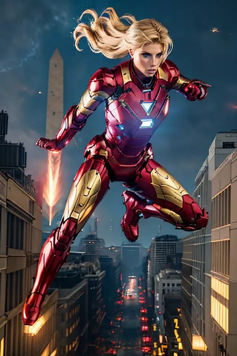 Professional photograph of (epic action heroine), she's 27 year old blonde woman <lora:charlottemckinney:0.6> charlottemckinney she's wearing the Iron Man <lora:iron_man:0.5> power suit, power armor, intense focus expression on her face, she's (((flying above the streets of Washington DC))), it's night time, there's cyberpunk lighting, modern epic battle, armageddon, fire explosions, rave-lighting, she's (flying in the air) and (blasting energy from her gauntlets). Full red and gold iron man power armor, 4k, 8k, masterpiece, Marvel Cinematic Universe, Zack Snyder, epic shot, award winning poster <lora:Cyberpunk_style:0.35>. She has the correct number of fingers on her mechanical gauntlets.