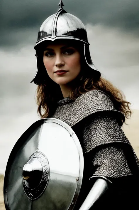 kkw-ph1, a  warrior queen, 1girl, grey eyes, very long hair, viking, flaming eye, distinguished, GS-Womanly
BREAK
<lora:Medieval_Armor:0.85> chainmail, tunic, helmet, shield