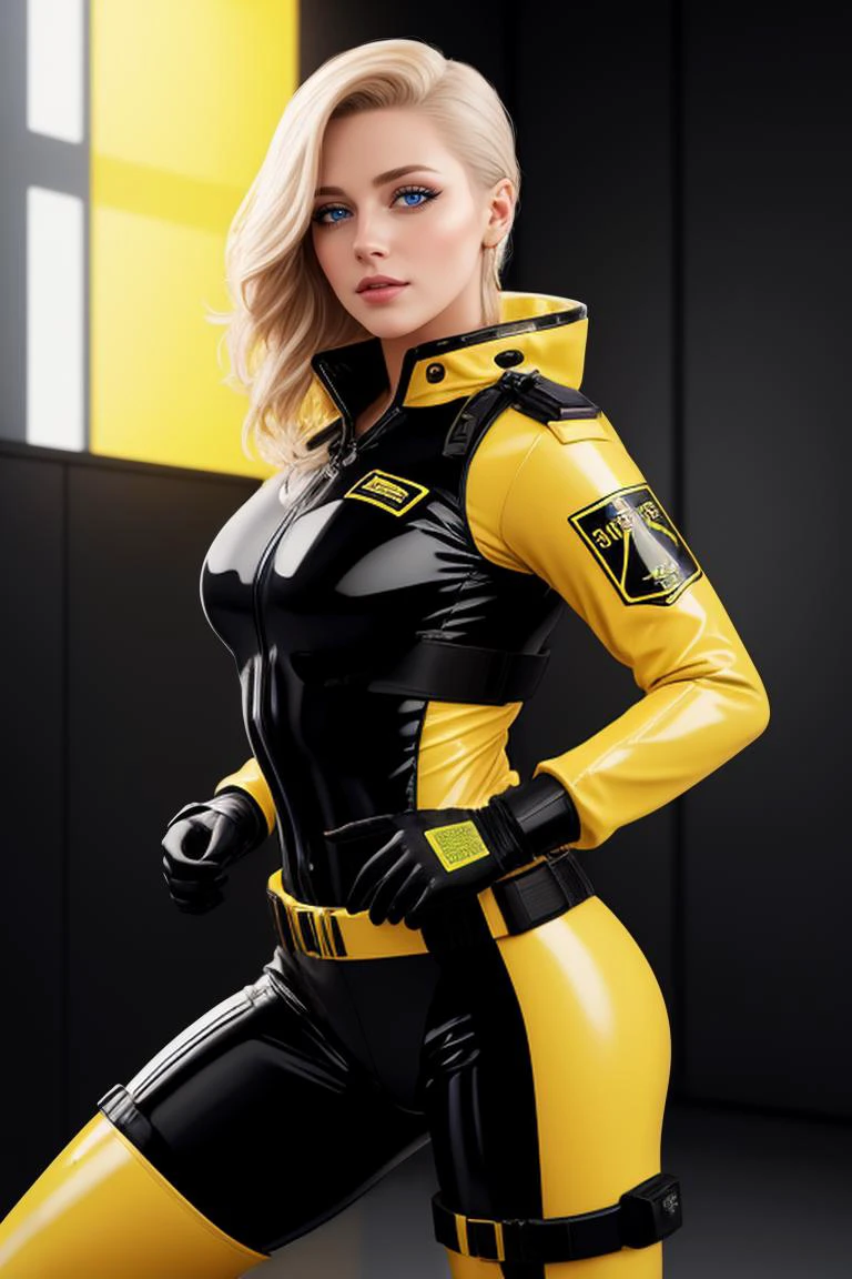 Female cyberpunk russin solider blonde female officer ((wearing yellow latex combat gear)) gorgeous but dangerous, leader in a desert, gta poster are style, subsurface scattering, ultra hd, 4k, high def, Photorealistic, Hyperrealistic, Hyper detailed, analog style, realistic, masterpiece, best quality, ultra realistic, 8k, Intricate, High Detail, film photography, soft lighting, heavy shadow