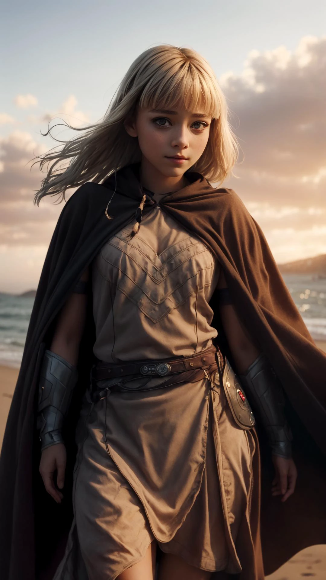 a profesional picture of 1 girl, young girl,small breasts,astetic beauty, <lora:shtyocta:0.69> shtyocta, shtyocta_v1, bangs, cape on sunset , dancing , happy realistic ,perfect quality,best quality,ultrasharp,ultradetailed,perfect quality,masterpiece,intricated details, close up <lora:add_detail:0.4> hotify, <hypernet:sxzBloom_sxzBloom:0.4> ,