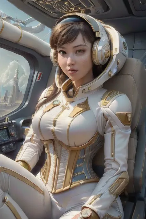 best quality, masterpiece,hyper realistic,(high_resolution:1.2),(sharp focus on 1girl with beauty face,  captain of the spaceship  ,((seating in cockpit)) , cinematic light, cyberhelmet, high detail, sexy anatomy, human curves, ((expressive face)), amused face, spacesuit, shirtlift, action shot, spaceship environnement, sam yang, lazer reflection, corset, spotlight, IvoryGoldAI cloth suit