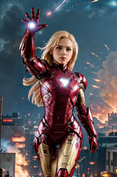 Professional photograph of epic action heroine, she's 25 year old blonde woman <lora:quiron_ElsaJean_v1_lora:0.6>, elsajeanquiron she's wearing the Iron Man <lora:iron_man:0.5> power suit, power armor, intense focus expression on her face, she's flying through the streets of Washington DC, it's night time, there's cyberpunk lighting, fire explosions, rave-lighting, she's flying and blasting energy from her gauntlets. Full red and gold iron man power armor, 4k, 8k, masterpiece, Marvel Cinematic Universe, Zack Snyder, epic shot, award winning movie poster <lora:Cyberpunk_style:0.4>