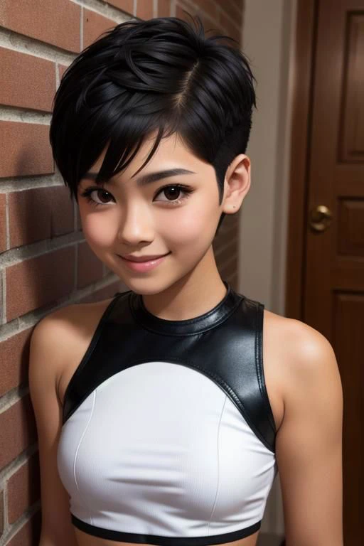 spiky bald hairstyle, short hair, mexican skin, gloves, crop top military, 1girl ,dark black hair, ((hair cut super short,)), soft Brown eyes, smile lips,