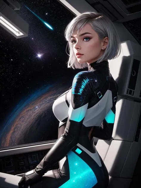 (over the shoulder:1.1), movie still,side view, spaceship cockpit, beautiful young skinny auburn caucasian adult woman sitting in spaceship cockpit looking over shoulder at viewer, glowing holographic instruments,(beautiful face:1.11),from behind, smart fabric jumpsuit:1.3,lightweight structured jacket with sharp geometric lines, utility belt, knee-high boots, fingerless gloves,(large spaceship cockpit with highly polished flooring and stellar view),backlit hair,perfect face,(pale freckles:0.6),(black and silver accents),perfect eyes,(studio lighting:0.3),low key, thin pouting lips,(white bob hair, ombre++ hair:1.2),wide set soft+ turquoise++ eyes, skin pores,(small retrousse nose:1.2), (pale skin),ultra detailed,(Intricate Environment)++,best quality, masterpiece, dramatic angle, highest detailed face,eyelid shimmer makeup,silver eyeshadow,iridescent cheekbones,muted rose lips,deep space blue, BREAK, starlight silver, nebula pink, and black hole black, planetary rings, asteroid clusters, geometric shapes, angular contours,Holographic control panels, chiaroscuro effects, reflective surfaces, star-filled skies, distant galaxies,Chrome finishes, brushed steel, shimmering surfaces, iridescent materials, Minimalist design, clean lines, modernistic details,8k,best quality,masterpiece,(large breasts:0.9)