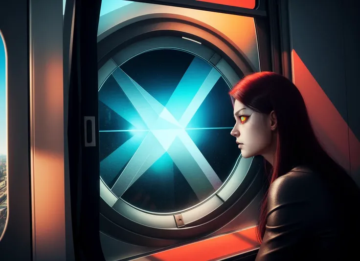 three cornered window, back of head shot of (woman looking out of triangle window:1.1), 3rd person, Looking out the triangular window of a (train:1.1) with triangular windows, triangular windows and triangular, wheels,  in a fantasy world, 
psychedelic, geometric, vivid light, high contrast, triadic colors, dark shadows,  explosions, nuclear mushroom cloud, nuclear explosion, dystopian nightmare, 
(beautiful composition),
21 yo woman,