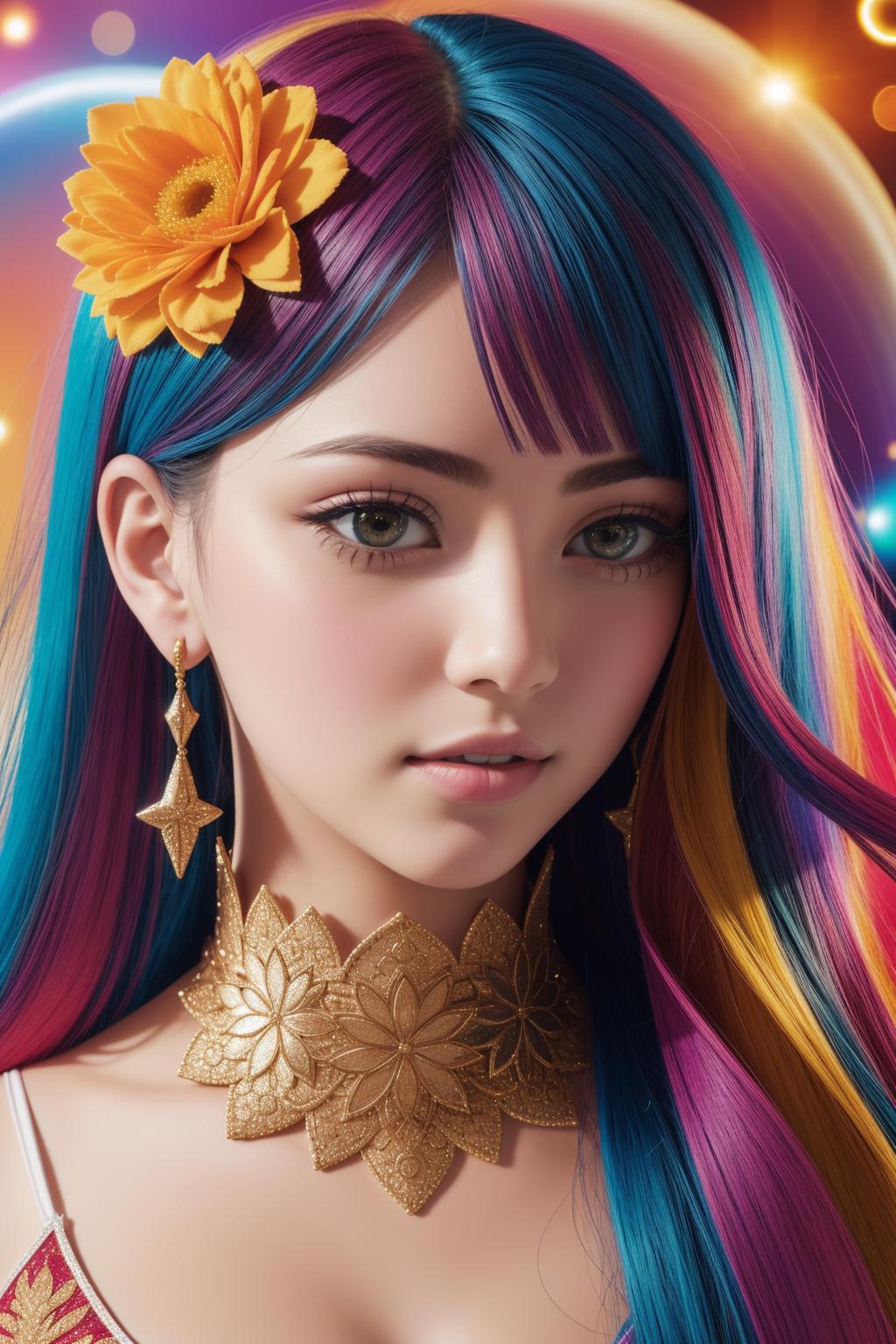 A woman with colorful hair and a flower in her hair - SeaArt AI