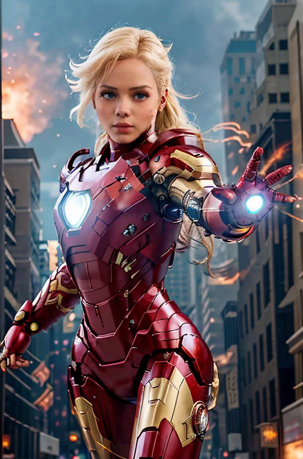 Professional photograph of epic action heroine, she's 25 year old blonde woman <lora:quiron_ElsaJean_v1_lora:0.5>, elsajeanquiron she's wearing the Iron Man <lora:iron_man:0.45> power suit, power armor, intense focus expression on her face, she's flying through the streets of Washington DC, it's night time, there's cyberpunk lighting, fire explosions, rave-lighting, she's flying and blasting energy from her gauntlets. Full red and gold iron man power armor, 4k, 8k, masterpiece, Marvel Cinematic Universe, Zack Snyder, epic shot, award winning movie poster <lora:Cyberpunk_style:0.35>
