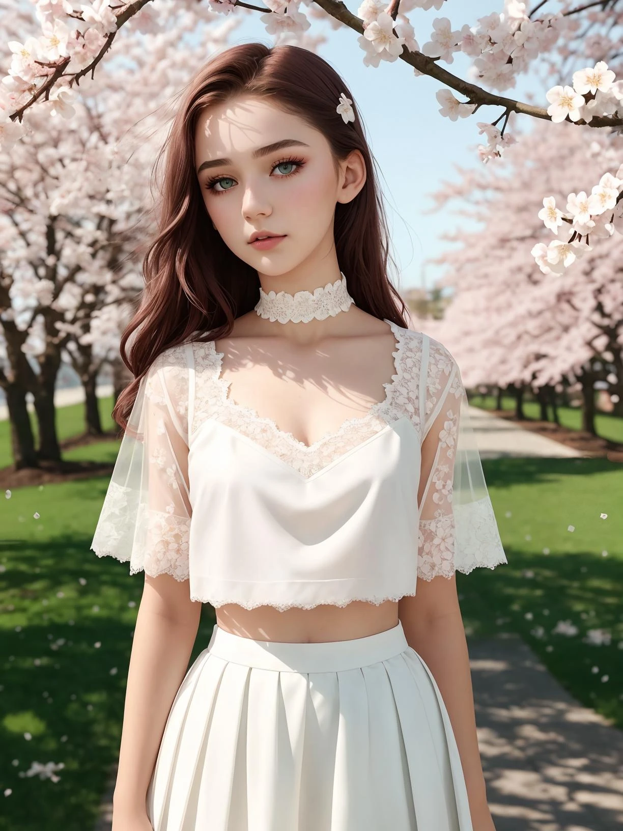 raw photo, ( girl:1.2), makeup, green eyes, rouge, neck lace choker, strong wind, realistic skin texture, White skirt, sheer lace top, cherry blossom in the background, softcore, warm lighting, cosy atmosphere, Instagram style