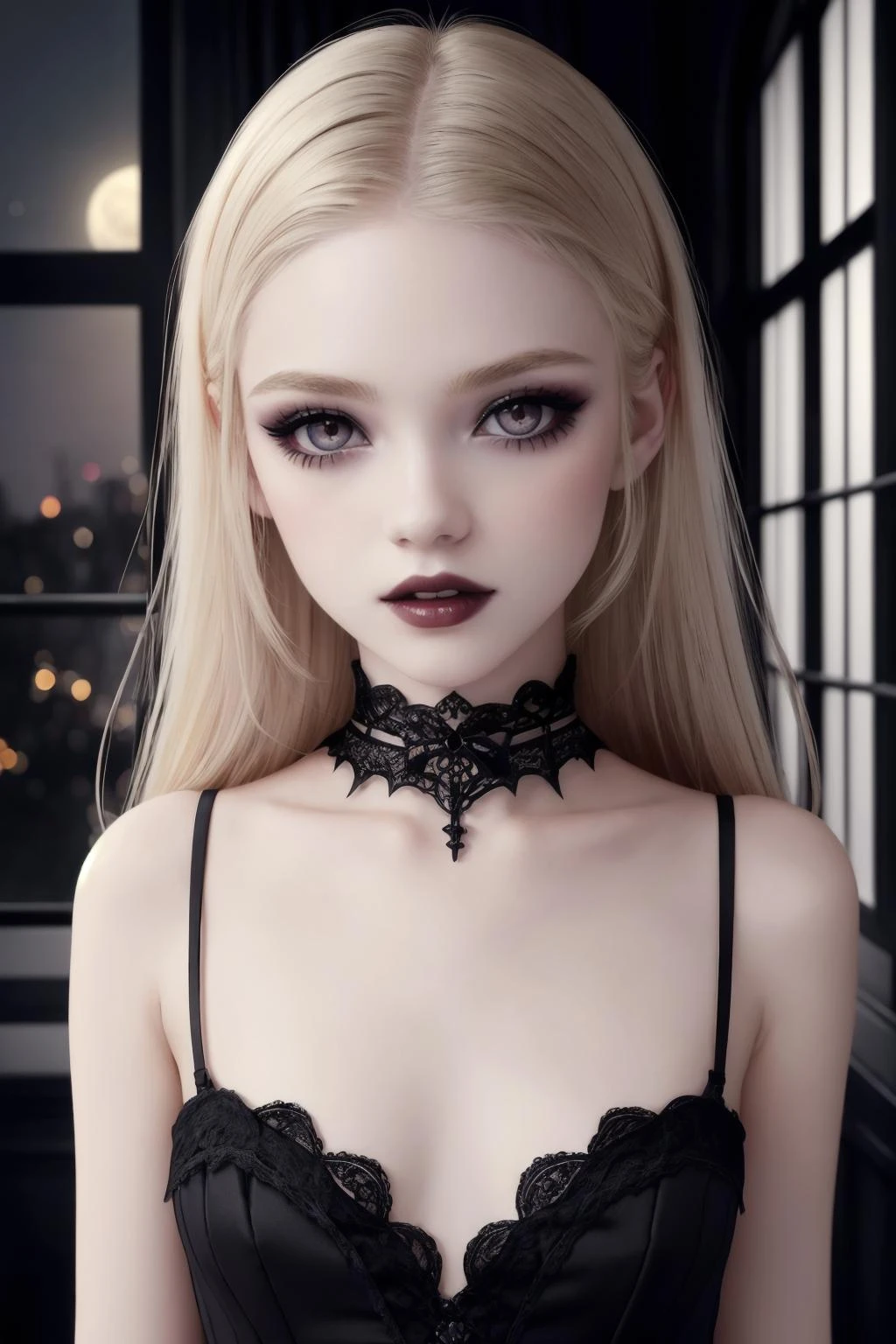 (masterpiece, best quality:1.4), solo, portrait of a cute girl, blonde, open mouth, (vampire, glowing red eyes, vampire fangs:1.05), (22 years old, petite:1.2), (subdued moonlight, backlighting, blurred night city landscape behind the window:1.1), skinny, 8k, extremely detailed face and eyes, (underwear:0.9), emotionless face, (pale skin, gothic make-up:1.15), nsfw
