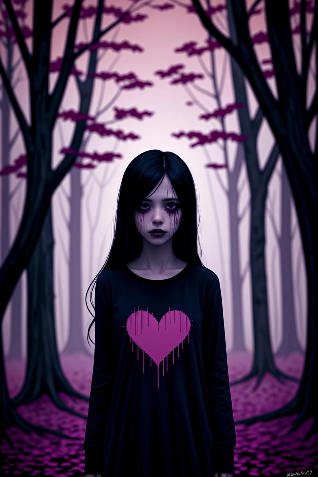 illustration, cartoon, soothing tones, calm colors, (solo:1.1), a digital arf of a undead girl, (pink, heart, love:1.1), wounds, (deathcore:1.2), mistery pink forest, extreme detail, morbid, paper texture, 2d, (pascal campion:0.38), vivid colors, (painting art:0.06), [eclectic:clear:0.8], slate atmosphere, cinematic, dimmed colors, dark shot, muted colors, film grainy, lut, spooky
