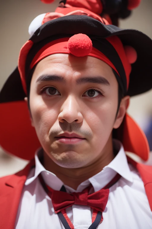 This is a handsome portrait of a dramatic actor, Clown costume,with a simple picture background, extremely detailed, sharp focus,<lora:zhouxx_zxxV1:1.2>,zxc/zhengshi nice