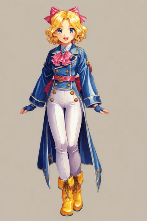 1girl,solo,white background,bow,blonde hair,smile,gloves,full body,simple background,fingerless gloves,white pants,boots,hair bow,pants,looking at viewer,yellow footwear,long sleeves,blue eyes,standing,pink bow,jacket,open mouth,white gloves,sash,buttons,bowtie,bangs,shirt,wavy hair,ascot,parted bangs,short hair,ribbon,hair intakes,traditional media,score_9,score_8_up,<lora:Kosuke Fujishima_XL_PONY:0.8>,