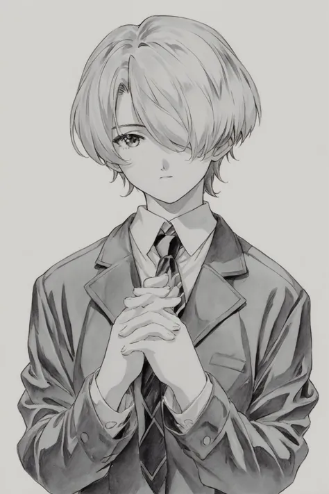 Maria Tachibana,solo,monochrome,hair over one eye,short hair,1girl,greyscale,upper body,simple background,white background,necktie,long sleeves,striped,traditional media,own hands together,shirt,formal,score_9,score_8_up,<lora:Kosuke Fujishima_XL_PONY:0.8>,