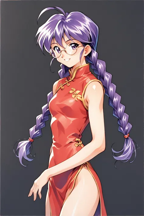 lee kohran,1girl,chinese clothes,china dress,1990s (style),solo,dress,glasses,twin braids,braid,retro artstyle,round eyewear,long hair,side slit,standing,red dress,looking at viewer,black background,purple hair,ahoge,purple eyes,sleeveless,simple background,smile,traditional media,score_9,score_8_up,<lora:Sakura Wars_XL_PONY_V2.1:0.8>,
