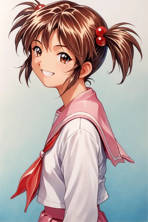 Coquelicot,1girl,solo,smile,twintails,brown eyes,brown hair,short twintails,white shirt,long sleeves,pink pants,sailor collar,traditional media,school uniform,looking at viewer,hair bobbles,hair ornament,grin,shirt,upper body,serafuku,from side,shiny,simple background,bangs,short hair,skirt,shiny hair,retro artstyle,neckerchief,pink skirt,gradient background,gradient,pink sailor collar,1990s (style),score_9,score_8_up,<lora:Sakura Wars_XL_PONY_V2.1:0.8>,