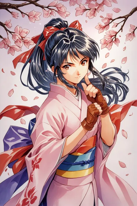 Shinguji Sakura,1girl,solo,japanese clothes,gloves,bow,brown eyes,fingerless gloves,black hair,red bow,ponytail,petals,long hair,hair bow,cherry blossoms,kimono,traditional media,score_9,score_8_up,<lora:Sakura Wars_XL_PONY_V2.1:0.8>,