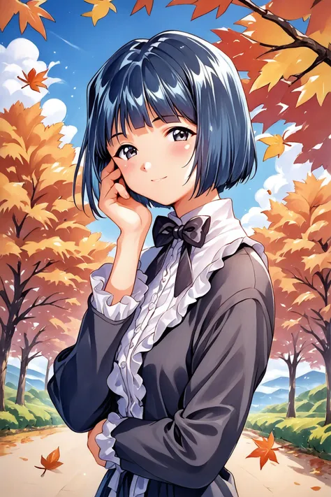 Kitaoji Hanabi,1girl,solo,short hair,outdoors,black hair,blue hair,sky,light smile,day,looking at viewer,bow,upper body,autumn leaves,cloud,long sleeves,blue sky,hand on own face,bangs,jacket,bowtie,black eyes,autumn,black bow,tree,bob cut,hand on own cheek,leaf,black bowtie,blush,frills,blunt bangs,frilled sleeves,black dress,traditional media,score_9,score_8_up,<lora:Sakura Wars_XL_PONY_V2.1:0.8>,