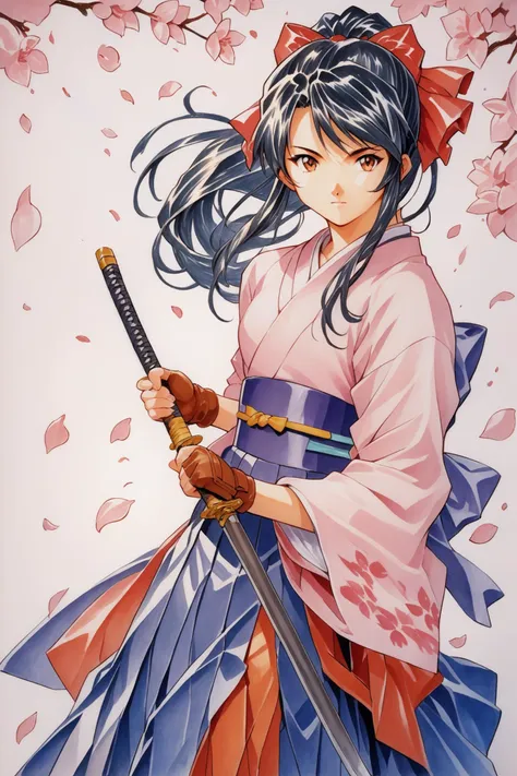 Shinguji Sakura,1girl,weapon,solo,sword,japanese clothes,bow,black hair,red bow,long hair,brown eyes,gloves,petals,fingerless gloves,cherry blossoms,katana,hair bow,ponytail,kimono,hakama,hakama skirt,traditional media,score_9,score_8_up,<lora:Sakura Wars_XL_PONY_V2.1:0.8>,