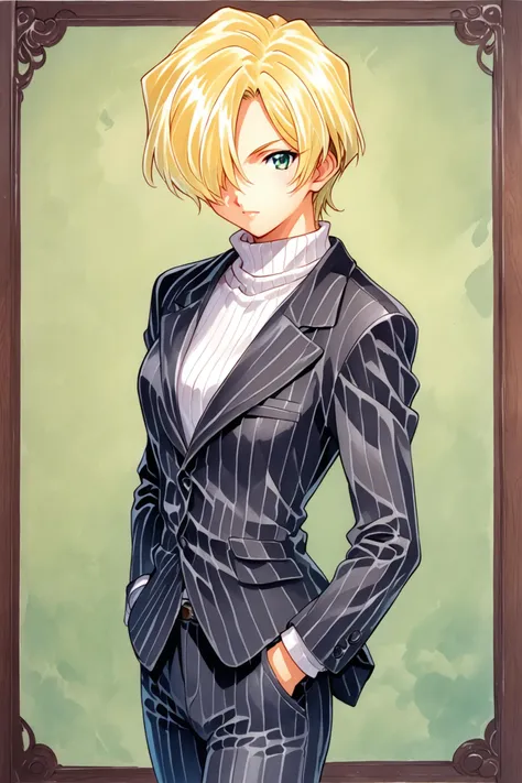 a close up of a woman in a suit and tie standing in front of a picture frame