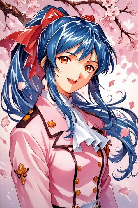 a close up of a woman with blue hair and a pink jacket