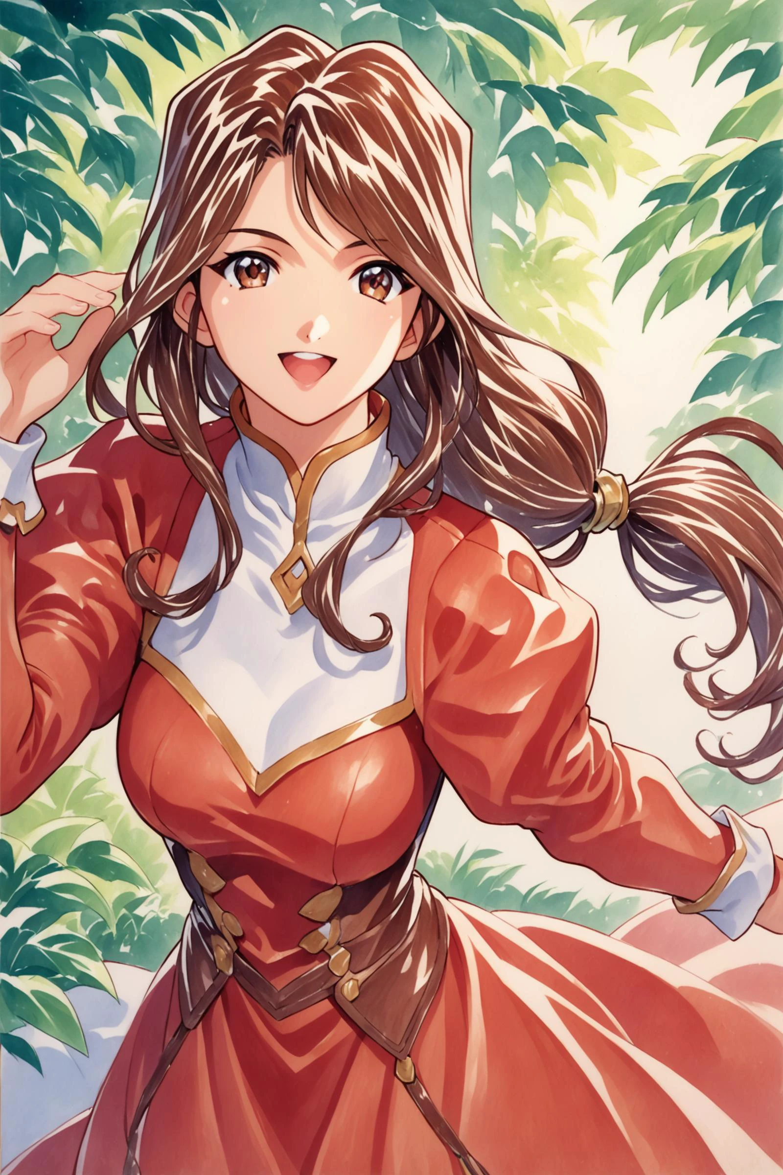 Erica Fontaine,1girl,solo,cowboy shot,smile,open mouth,looking at viewer,upper body,dynamic pose,brown hair,brown eyes,long hair,bangs,low tied hair,sidelocks,red dress,puffy sleeves,long sleeves,brown boots,long dress,traditional media,low-tied long hair,dress,juliet sleeves,breasts,:d,score_9,score_8_up,<lora:Sakura Wars_XL_PONY_V2.1:0.8>,