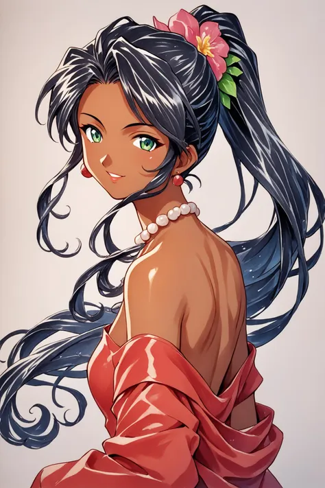 Soletta Orihime,1girl,solo,red dress,jewelry,black hair,green eyes,necklace,earrings,long hair,off-shoulder dress,dark skin,curly hair,ponytail,pearl necklace,dark-skinned female,flower,bare shoulders,hair ornament,looking at viewer,dress,hair flower,smile,off shoulder,upper body,looking back,parted lips,1990s \(style\),traditional media,score_9,score_8_up,<lora:Sakura Wars_XL_PONY_V2.1:0.8>,