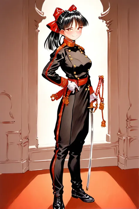 score_10,score_9,score_8_up,score_7_up,score_6_up,indoors,palace,1girl,solo,hand_on_hip,standing,white_gloves,court uniform,holding sword,black uniform,black shoes,austrian knots sleeve,holding sword,katana at waist,double-breasted uniform,black pants with red line,
katana,<lora:IJAuniformXLv1:1>,Shinguji Sakura,bangs,gloves,brown eyes,black hair,red bow,ponytail,long hair,hair bow,traditional media,<lora:Sakura Wars_XL_PONY_V2.1:0.8>,smile,blush,medium breasts,